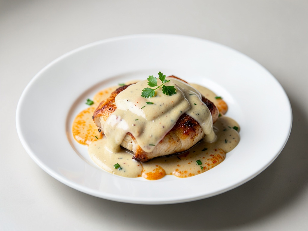 Pollo tenero con salsa cremosa di cocco e pesca