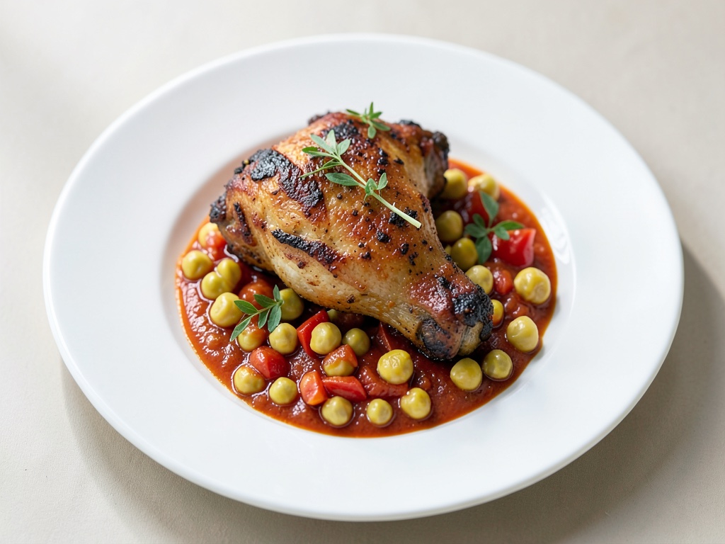 Cosce di pollo croccanti con verdure di ceci in salsa di pomodoro