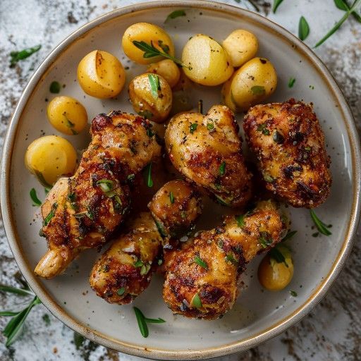 Cosce di pollo croccanti con patate e olive