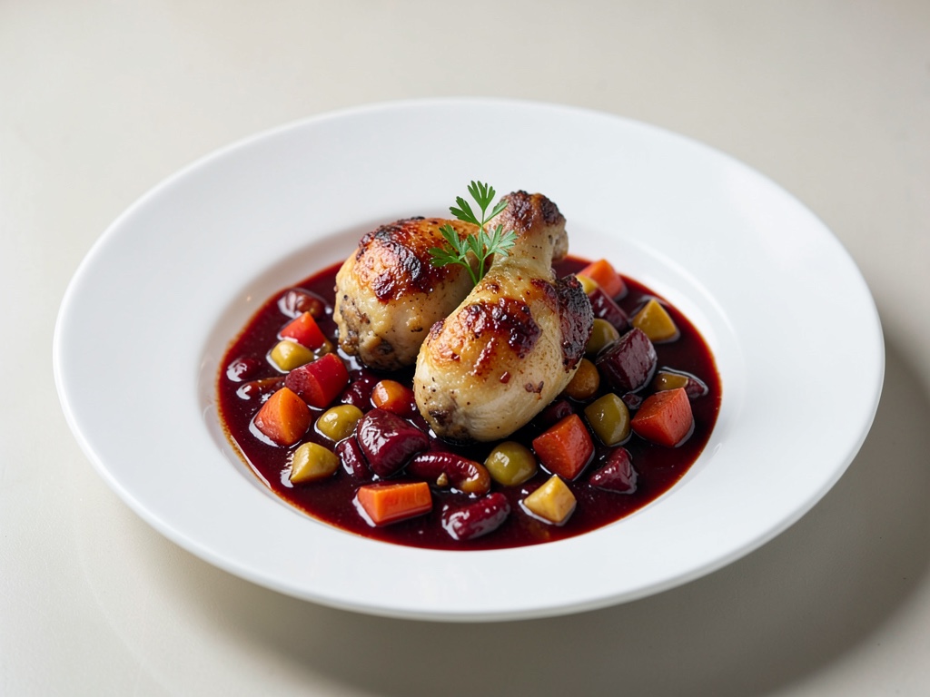Cosce di pollo tenere in stufato di verdure al vino rosso