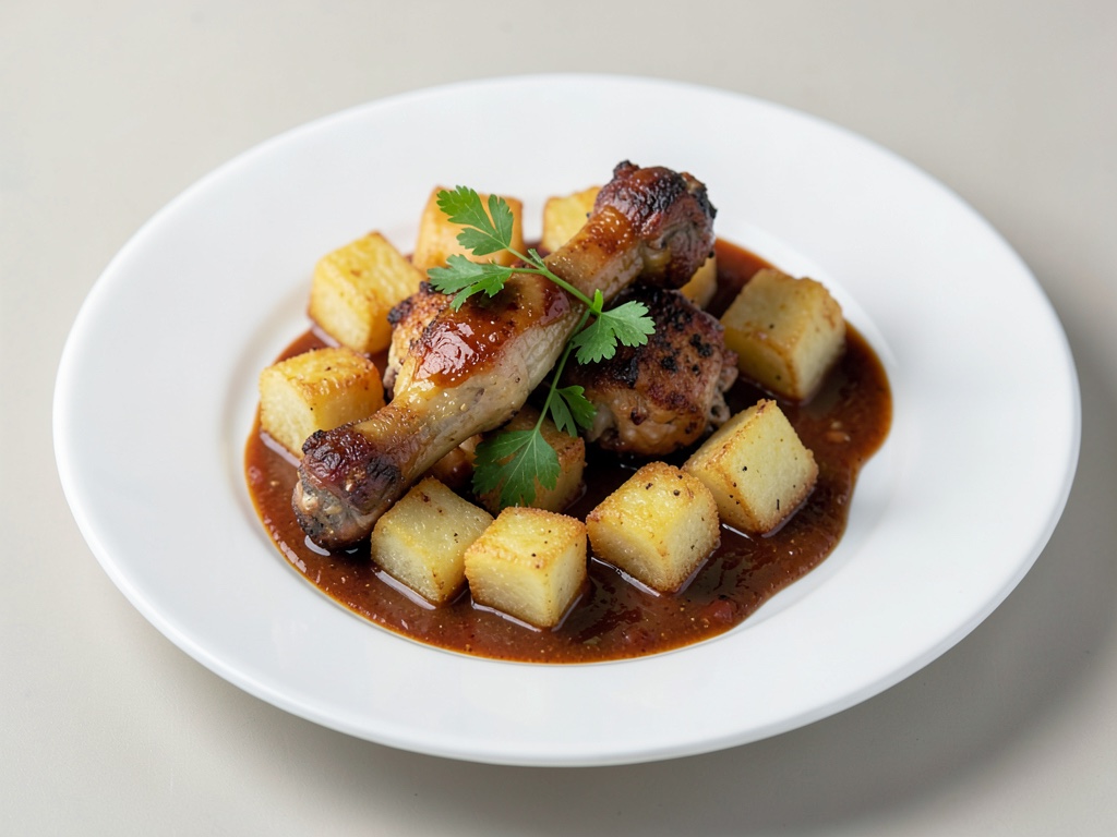 Cubetti di patate croccanti con cosce di pollo in salsa all'aceto di vino