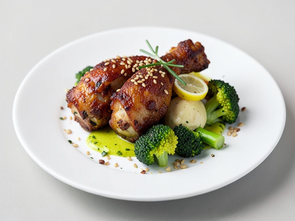 Cuisse de poulet croustillante au citron, brocoli et sésame