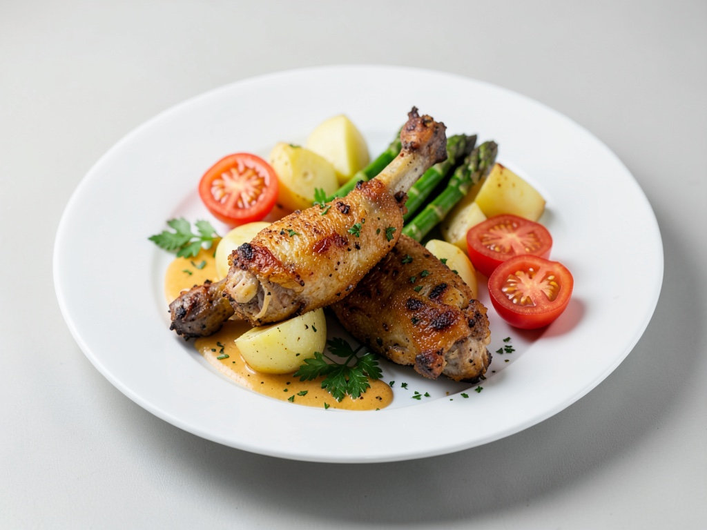 Cosce di pollo croccanti con patate, pomodori e asparagi