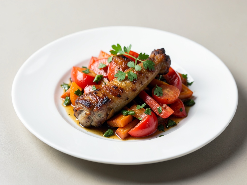 Cosce di pollo croccanti su verdure al pomodoro speziate