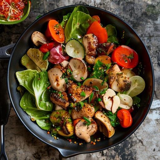 Wok-Pfanne mit Hähnchen und buntem Gemüse