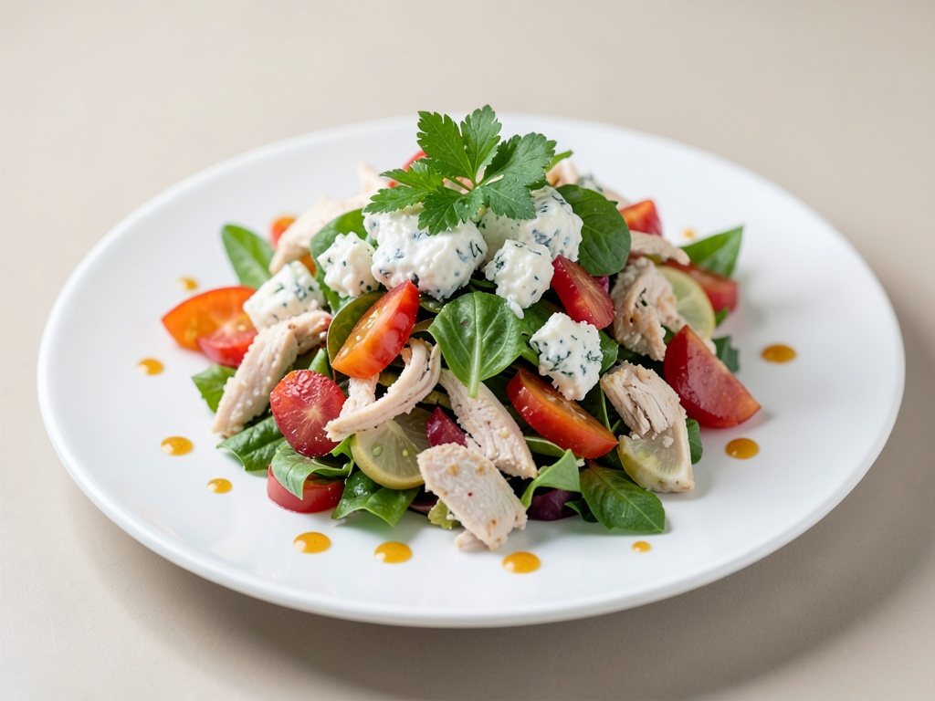 Ensalada de pollo frutal con queso de cabra