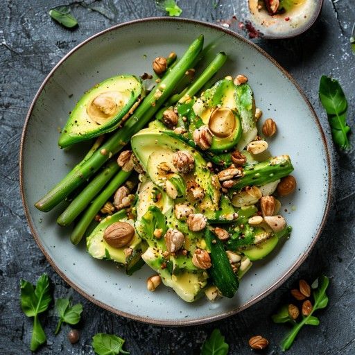 Hähnchensalat mit Avocado, grünem Spargel und Walnusskernen