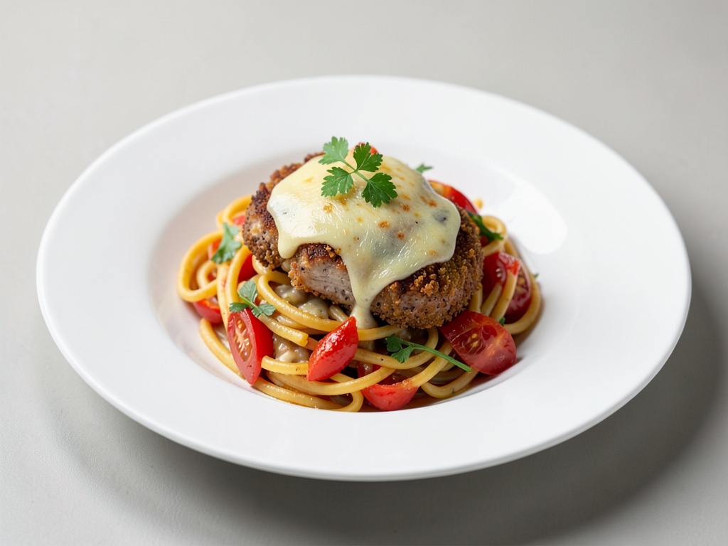 Filete de pollo con costra de queso y pasta de tomate