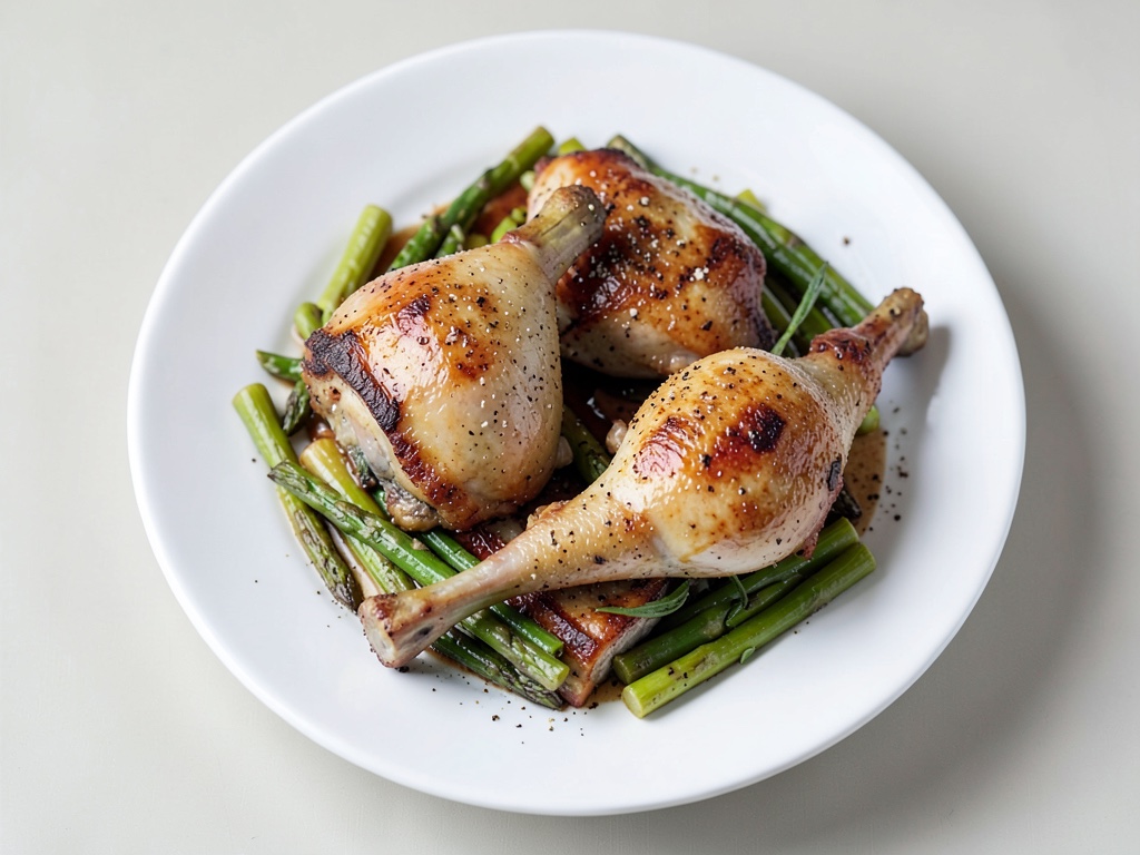Cosce di pollo croccanti con verdure asparagi colorati