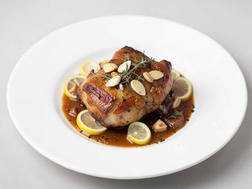 Coscie di pollo croccanti con stufato al limone e aglio