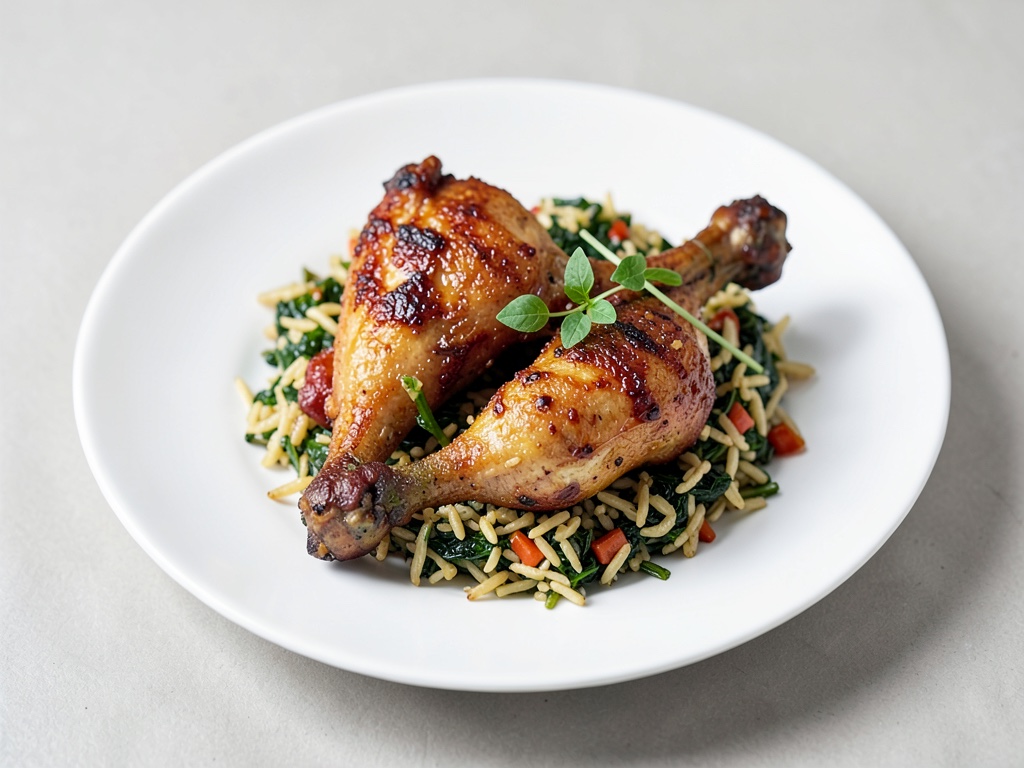 Cosce di pollo croccanti con riso agli spinaci e spezie