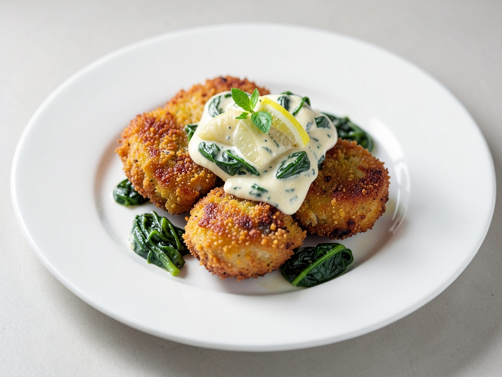 Crocche di pollo croccanti con spinaci cremosi e burro al limone