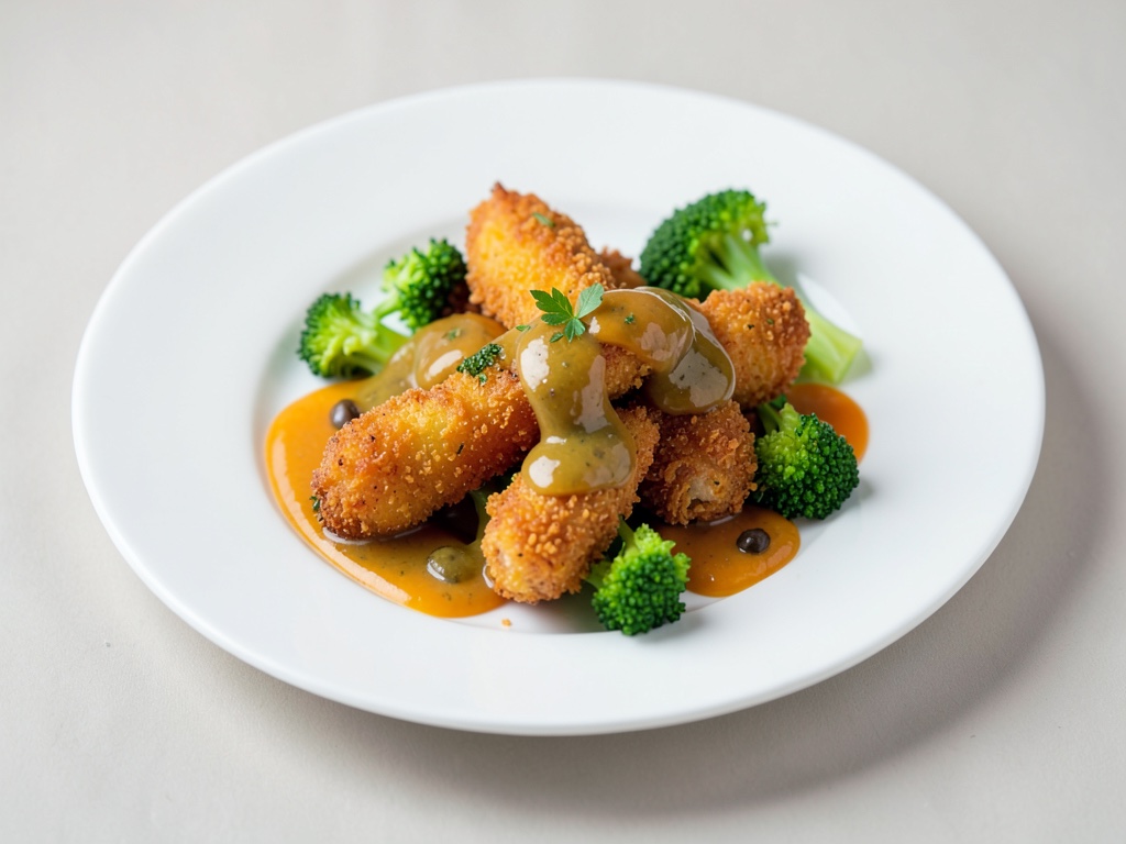 Crocante cotoletta di pollo con salsa all'arancia e olive e broccoli