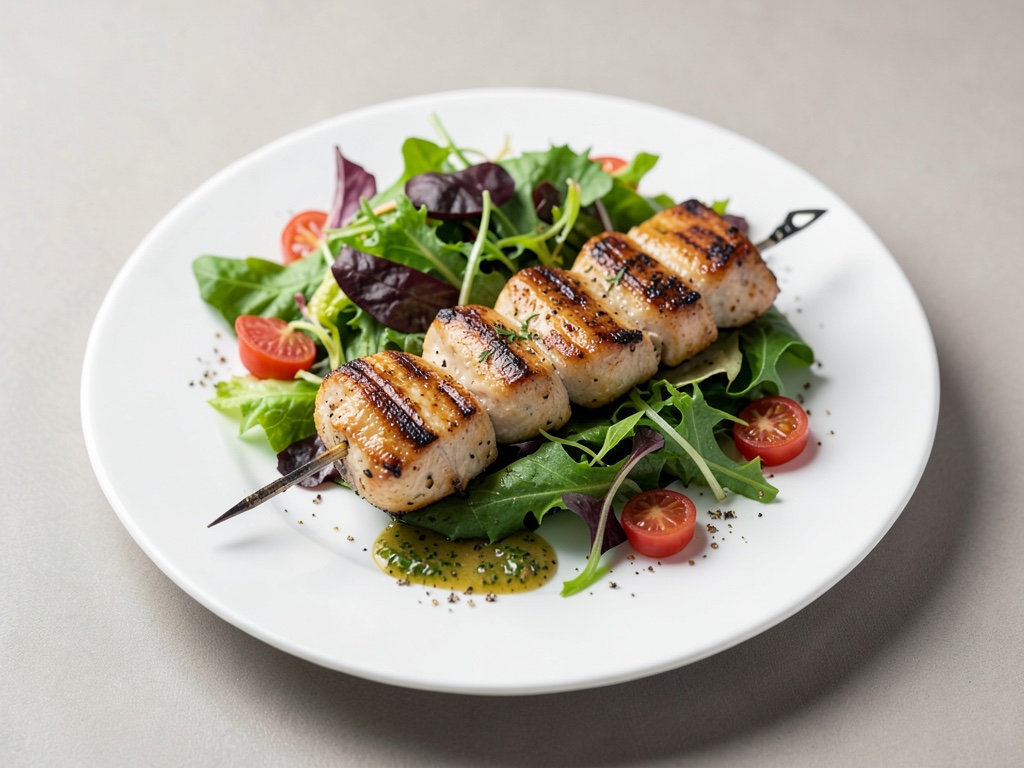 Spiedini di pollo alla griglia su insalata fresca
