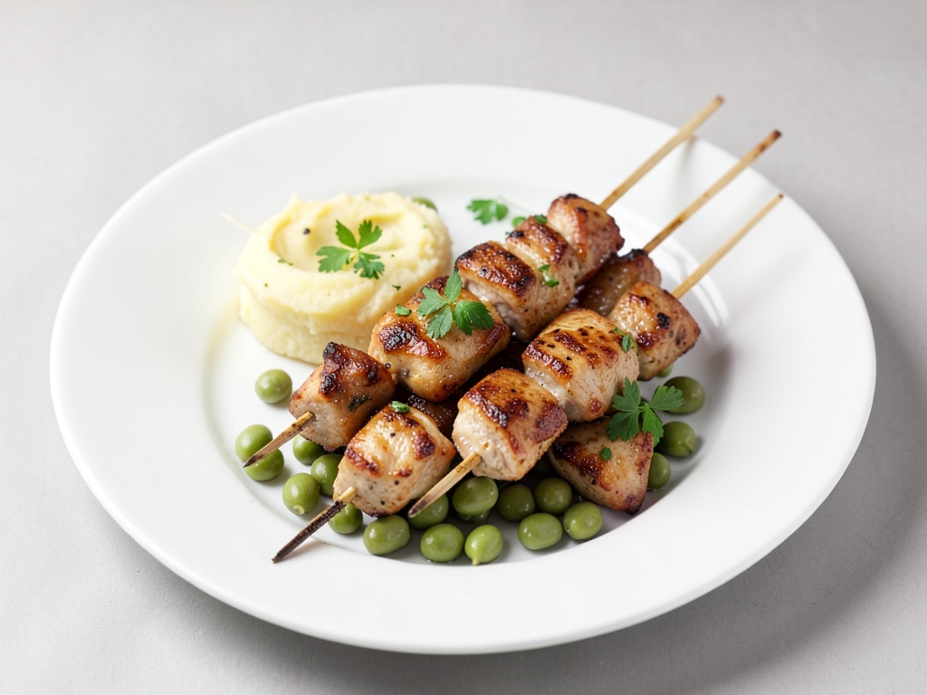 Hähnchenspieße mit Kartoffelstampf und Saubohnen