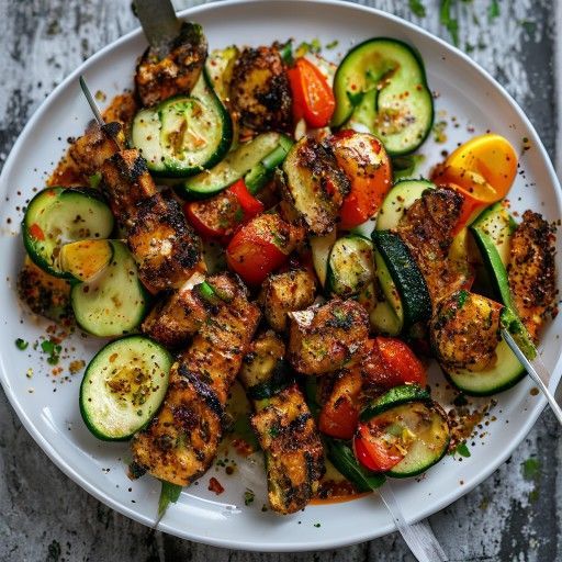 Spiedini di pollo alla griglia con insalata di zucchine e pomodori