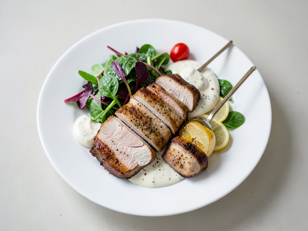 Chicken skewers with warm spinach salad and yogurt dip