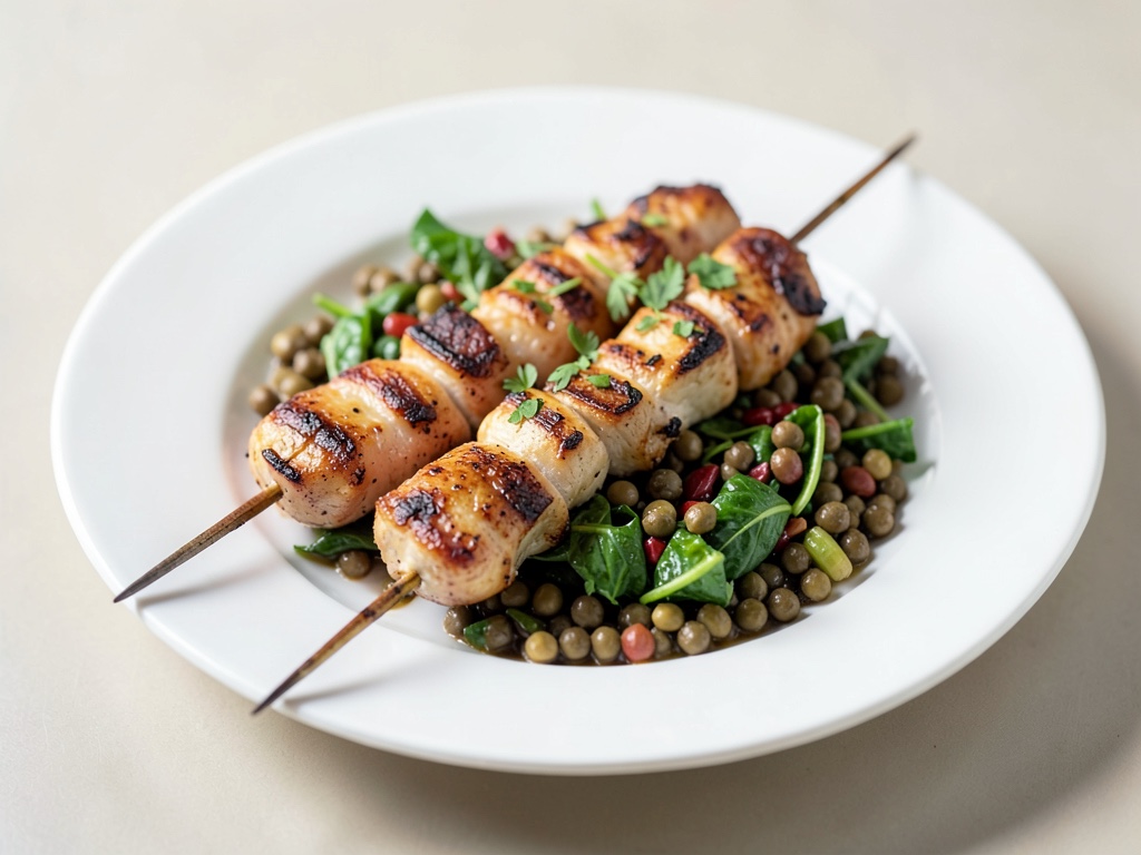 Brochettes de poulet avec salade de lentilles