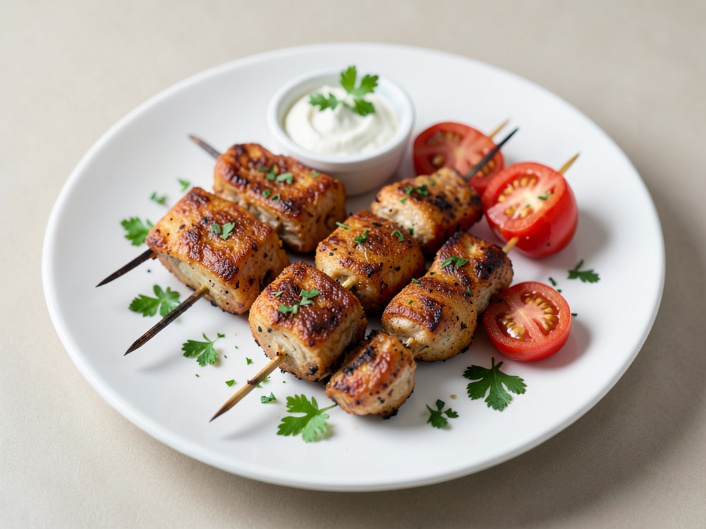 Brochetas de pollo tandoori con salsa de yogur y tomate