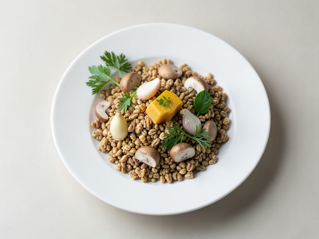 Porridge salato con fiocchi d'avena, tempeh, funghi e dente di leone