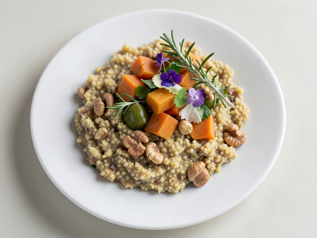 Polenta croccante alle nocciole con insalata fresca di patata dolce e portulaca