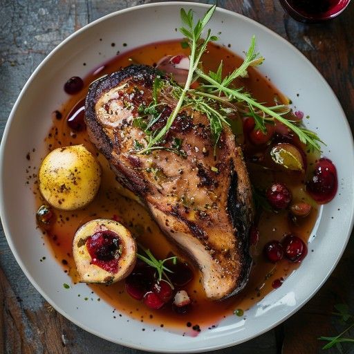 Sella di coniglio arrostita con salsa allo sherry e ribes e pere pepate