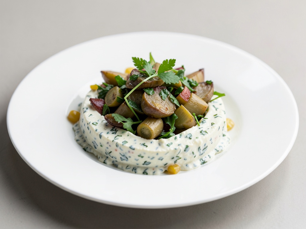 Queso crema de yogur con hierbas frescas y ensalada de alcachofas