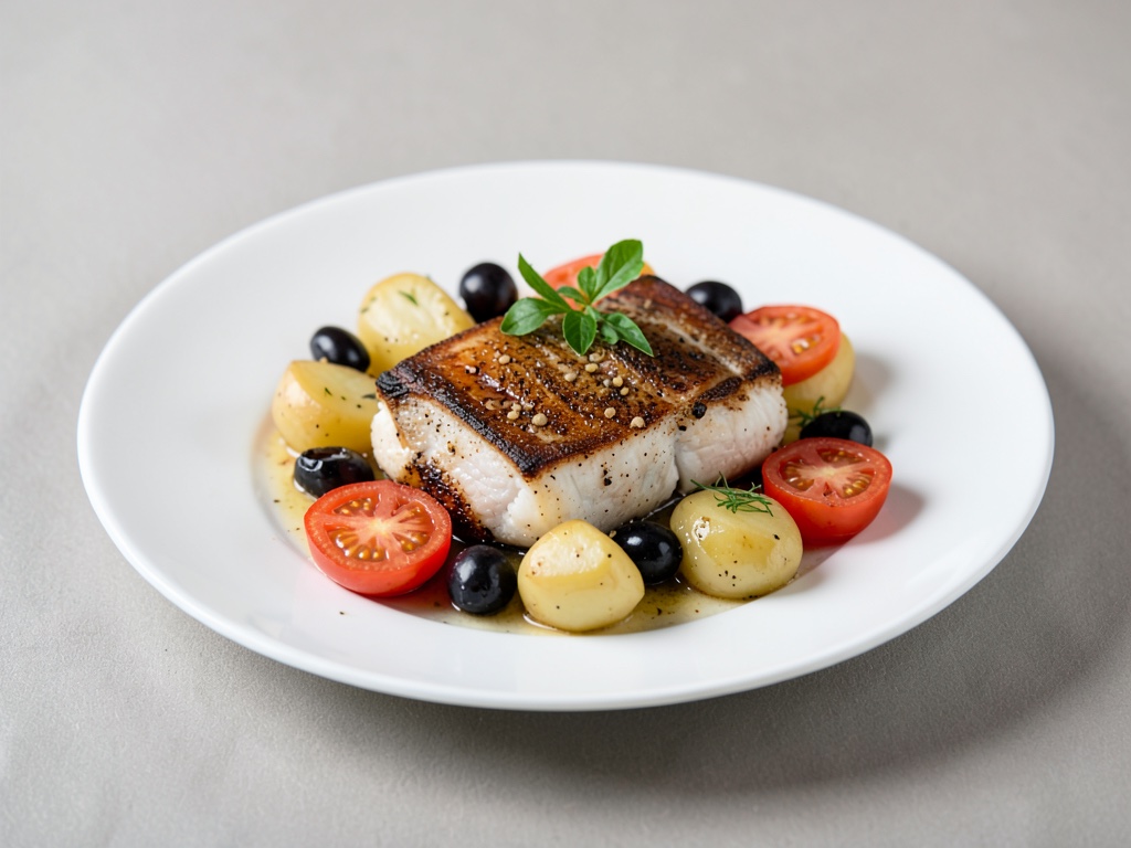 Merluzzo al forno con patate, pomodori e olive