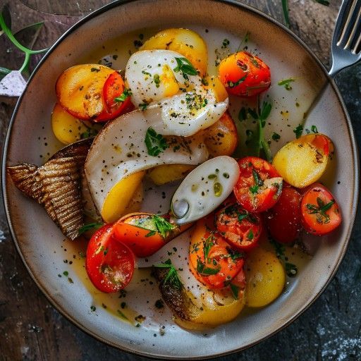 Pommes de terre et tomates sautées avec du flétan