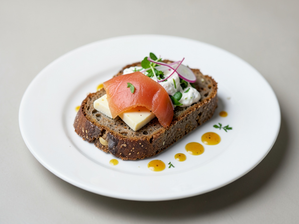 Pane croccante di segale con salmone, formaggio e insalata di finocchi e yogurt