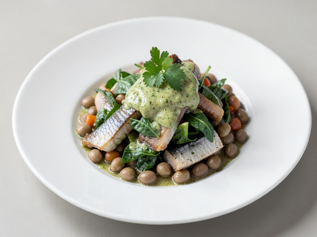 Insalata fresca di aringhe e fagioli verdi con condimento al wasabi