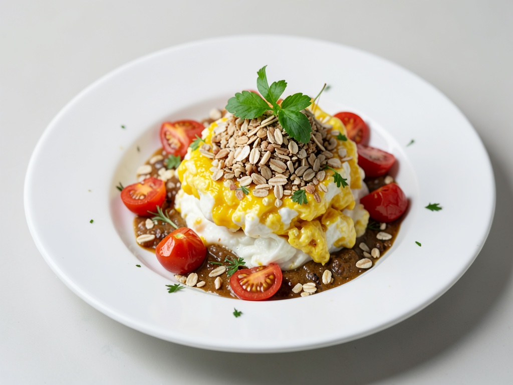 Bowl de desayuno salada con huevos revueltos, tomates al horno y topping de avena y nueces