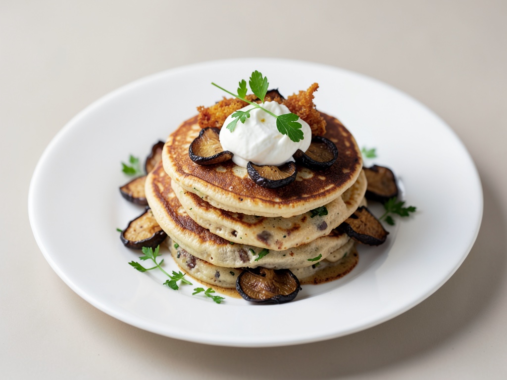 Pancake salati con funghi chiodini saltati e panna acida