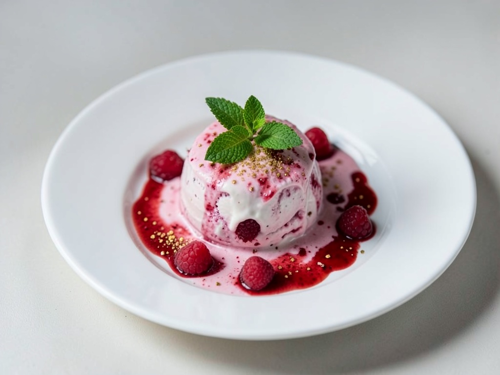 Frisches Himbeer-Joghurt-Eis mit Melisse
