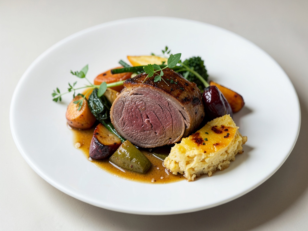 Cheville de cerf braisée avec légumes rôtis et gratin de potiron