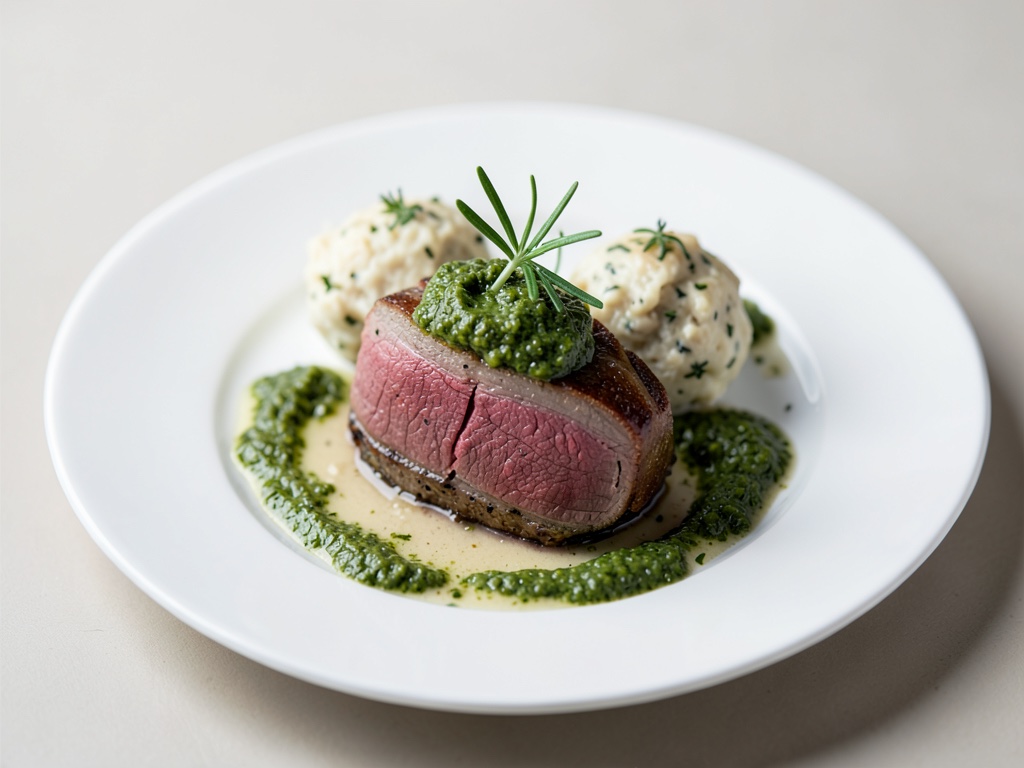 Delicate Venison Rolls with Fresh Chervil Pesto and Quark Dumplings
