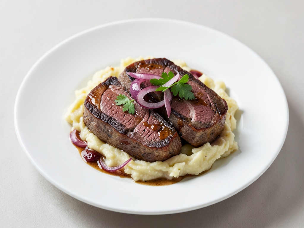 Tenere medaglioni di cervo con purè di patate cremoso e cipolle al vino rosso