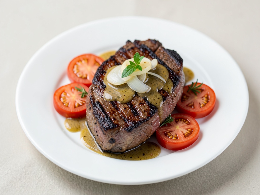 Bistecche di cervo alla griglia con salsa allo scalogno e pomodori