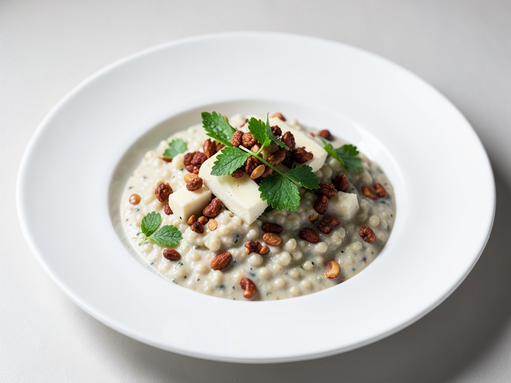 Risotto cremoso di miglio con pinoli tostati, formaggio e ortiche fresche