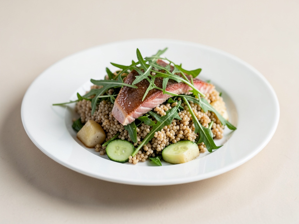 Insalata leggera di miglio con trota affumicata, rucola e cetriolo