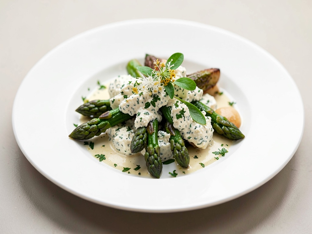 Asparago con fiori di sambuco e formaggio fresco alle erbe