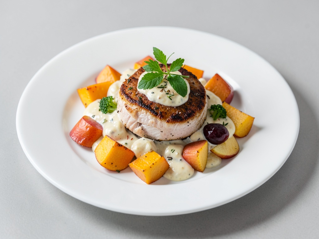 Poitrine de poulet sur légumes crémeux de courge et pomme