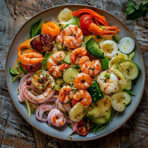 Insalata di pollo e verdure con gamberi