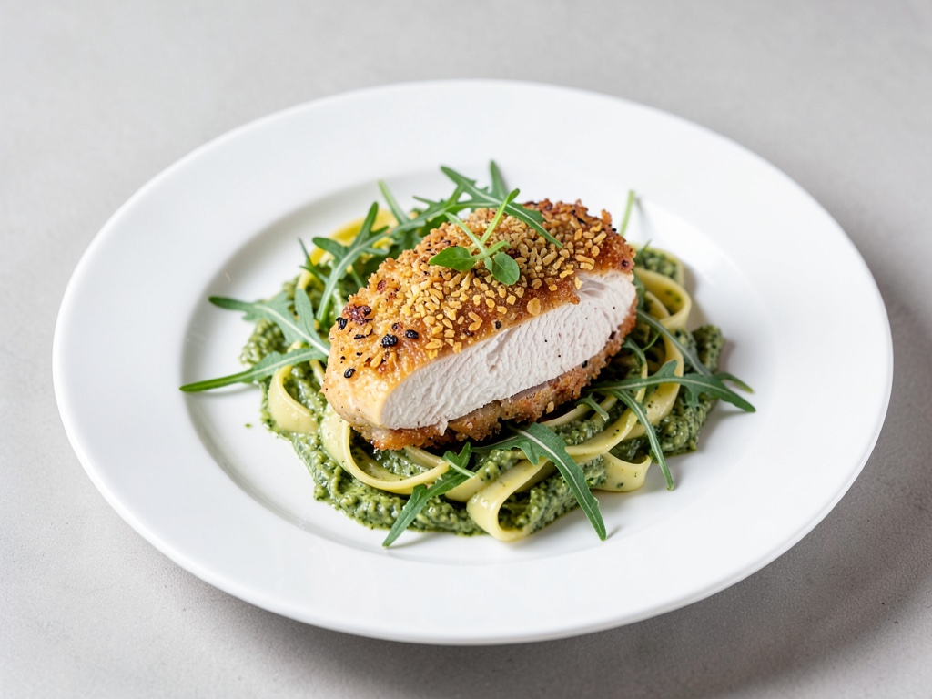 Hähnchenbrust in Sesamkruste mit Tagliatelle und Rucola-Pesto