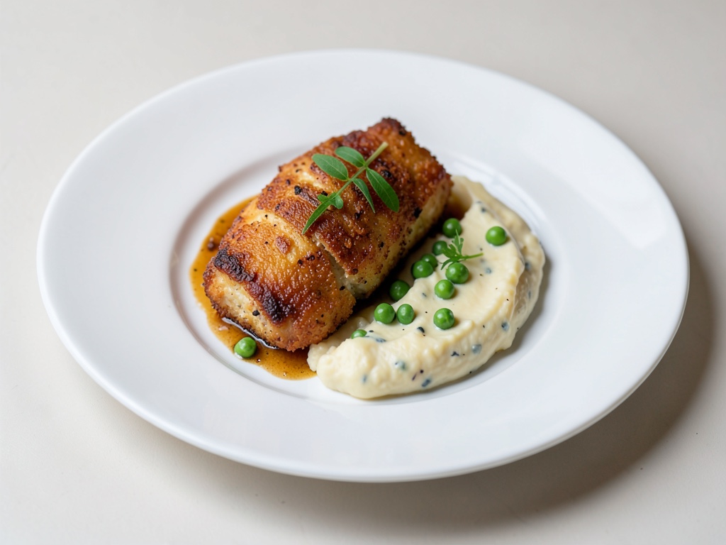 Pollo croccante con purè cremoso di piselli e patate