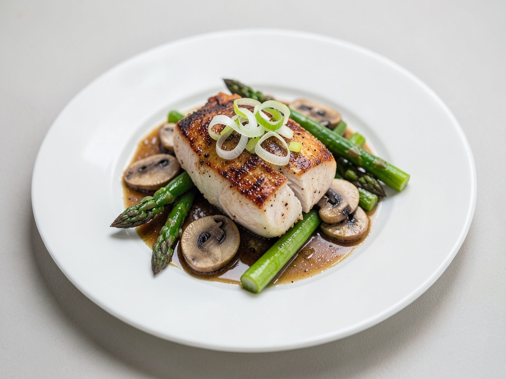Petto di pollo con funghi, asparagi e cipollotti