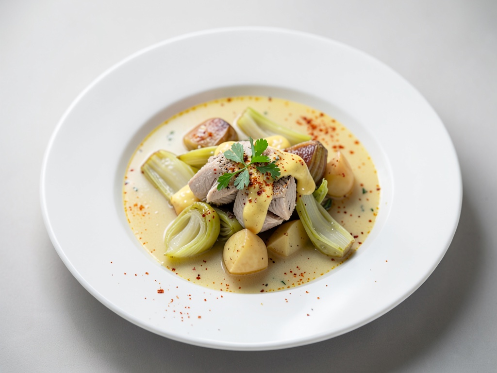 Zuppa di pollo con carciofi, patate e maionese allo zafferano