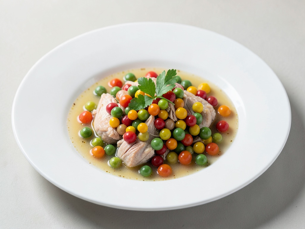 Perlas de verduras coloridas en caldo de pollo fresco