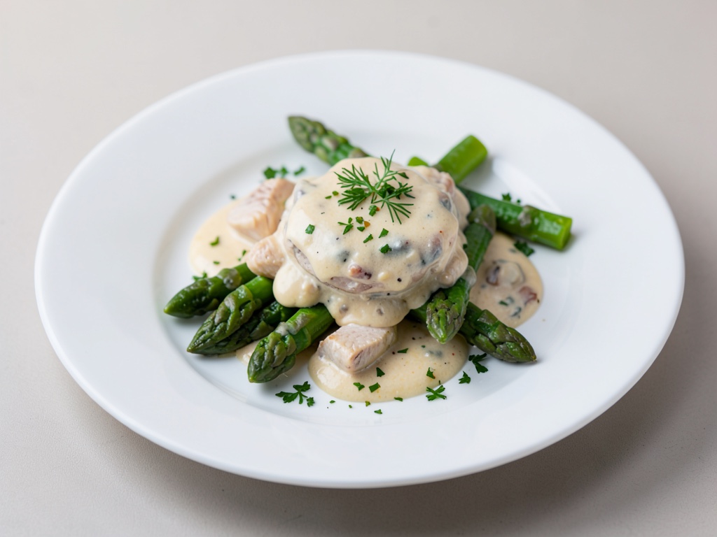 Fricasé de pollo cremoso con espárragos