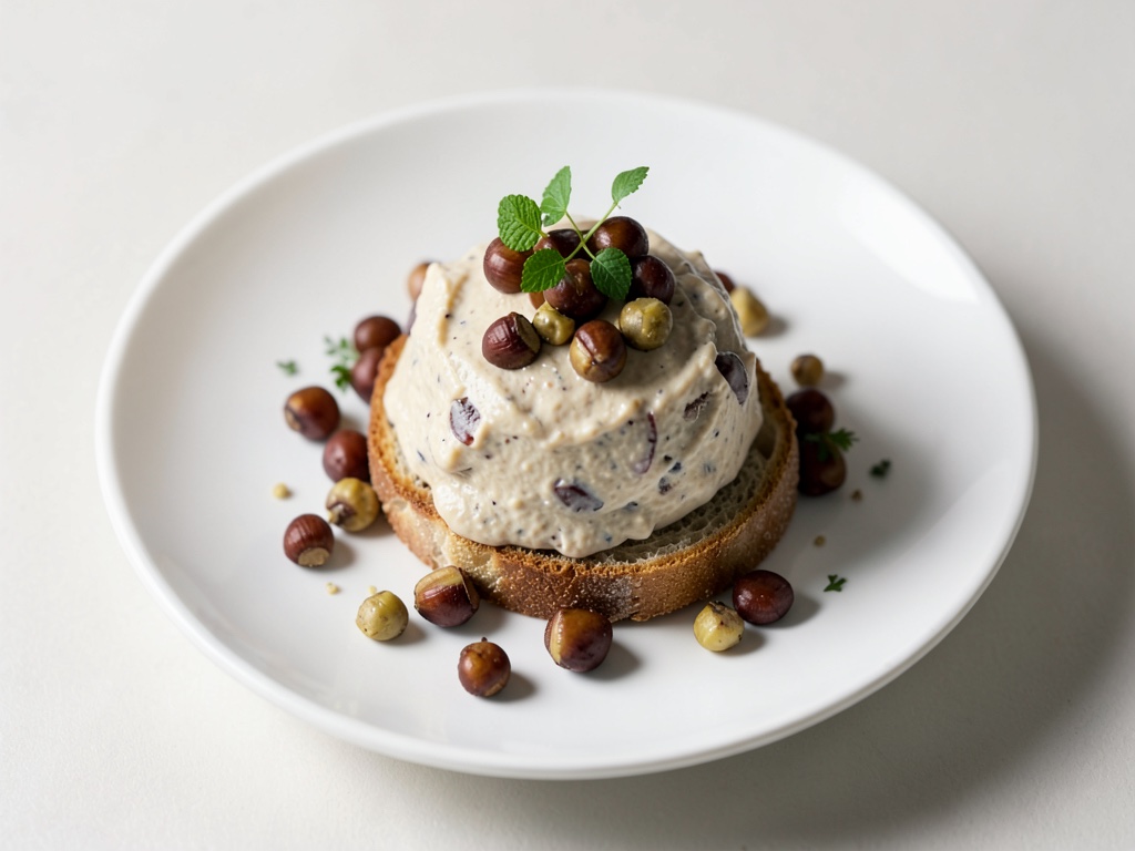 Crema cremosa di fegato di pollo con castagne su pane tostato